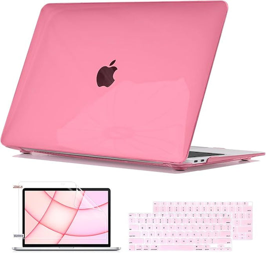 Compatible with 2021 2020 2019 2018 MacBook Air 13 inch Case Release M1 Chip A1932 A2179 A2337, Plastic Hard Shell Case Keyboard Cover Screen Film for MacBook Air 13 inch 2021, Crystal Pink