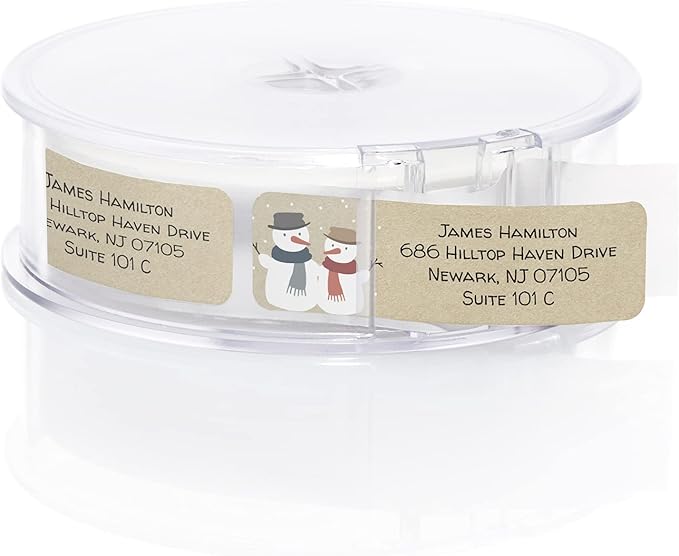 Kraft Snowmen Rolled Address Label/Roll of 500 Rustic Holiday Personalized Address Labels/Designer Return Address Stickers in Elegant Plastic Dispenser