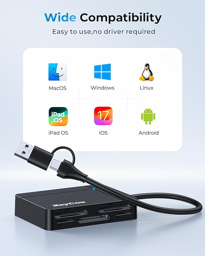 RayCue USB C USB3.0 Multi SD Card Reader, 7 in1 Memory Card Reader for SD/TF/CF/XD/MS, Drive Free for iPhone 15 pro/max, MacBook Pro/Air 2023, iPad Pro, iMac, S23, XPS 17, Surface Book 3 and More