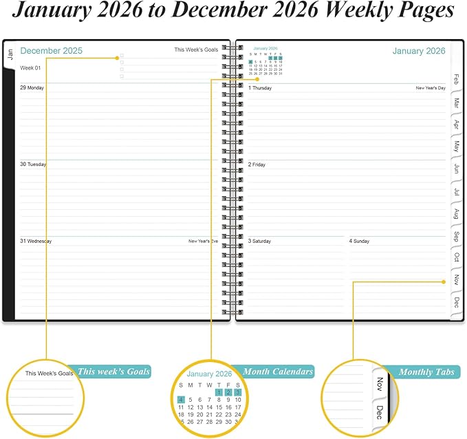 2026 Planner - Planner 2026 from January 2026 to December 2026 with 12 Monthly Tabs, Flexible Cover, Inner Pocket, 8.5" x 11", Black-B