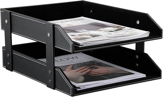 KINGFOM Letter Tray, Leather Paper Organizer Tray, Wooden Desk File Holder, Desktop File, Stackable Magazine Holder, Mail Sorter, Great for Home or Office - 2 Level Black