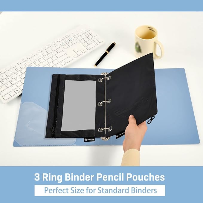 Gredecor Binder Pencil Pouch 3 Ring Black Zipper Pencil Pouches Case 2 Pack Clear Window Binder Organizer for School Office