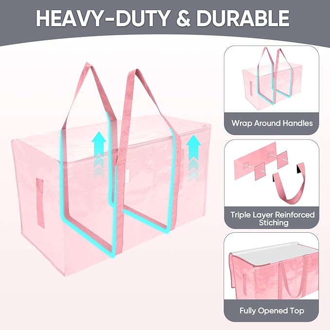 TICONN 6 Pack Extra Large Moving Bags with Zippers & Carrying Handles, Heavy-Duty Storage Tote Moving Boxes for Space Saving (6 Pack, Coral)