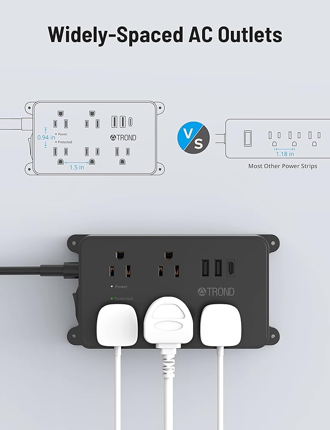 TROND Surge Protector Power Strip, 15ft Long Extension Cord, ETL Listed, 5 Widely Spaced AC Outlets, 2 USB A and 1 USB C, 1300J, Low-Profile Flat Plug, Wall Mountable, for Kitchen Office, Black