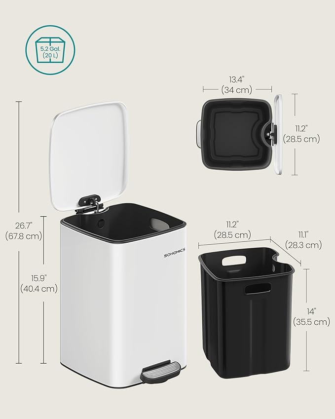 SONGMICS Kitchen Trash Can, 5.2-Gallon (20 L) Trash Bin, Stainless Steel Garbage Can, with Inner Bucket, Soft Close and Stays Open, Cloud White ULTB592W01