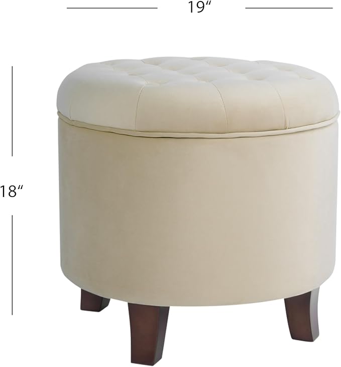 Homepop Home Decor | Upholstered Round Velvet Tufted Foot Rest Ottoman | Ottoman with Storage for Living Room & Bedroom | Decorative Home Furniture, Cream