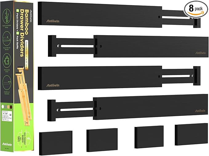 ANTOWIN Bamboo Drawer Dividers Organizers, Expandable Drawer Separators Splitter,17-22 inches Long Adjustable Spring-loaded Organizer for Large Utensil, Clothes, Tools Drawers (Black)
