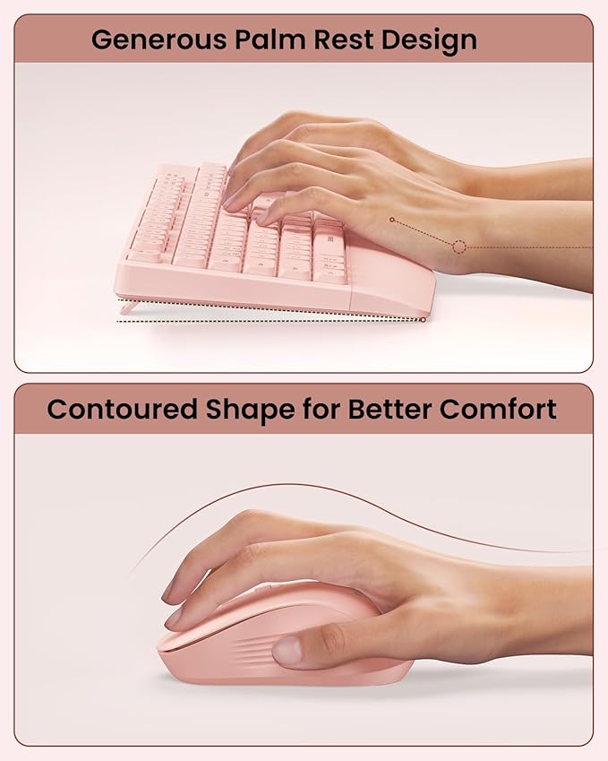 seenda Bluetooth Keyboard and Mouse, COE200 USB + Bluetooth Multi Device, Ergonomic Keyboard Mouse Set, Full-Size Wireless Combo Compatible for Mac OS/Windows PCs Computers Laptops MacBooks - Pink