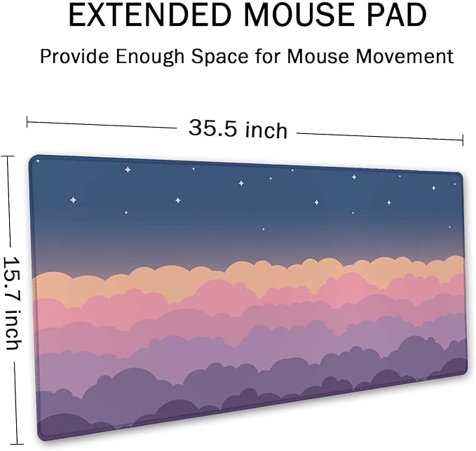 SSOIU Cute Clouds Purple Desk Mat, Extra Large XXL Gaming Mouse Pad 35.5" X 15.7", Waterproof with Stitched Edges