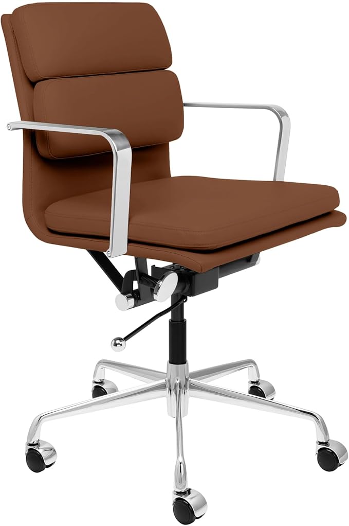 Laura Davidson Furniture SOHO II Padded Management Office Chair - Mid Back Desk Chair with Arm Rest, Swivel & Cushion Availability, Made of Faux Leather, Brown, Computer Chair