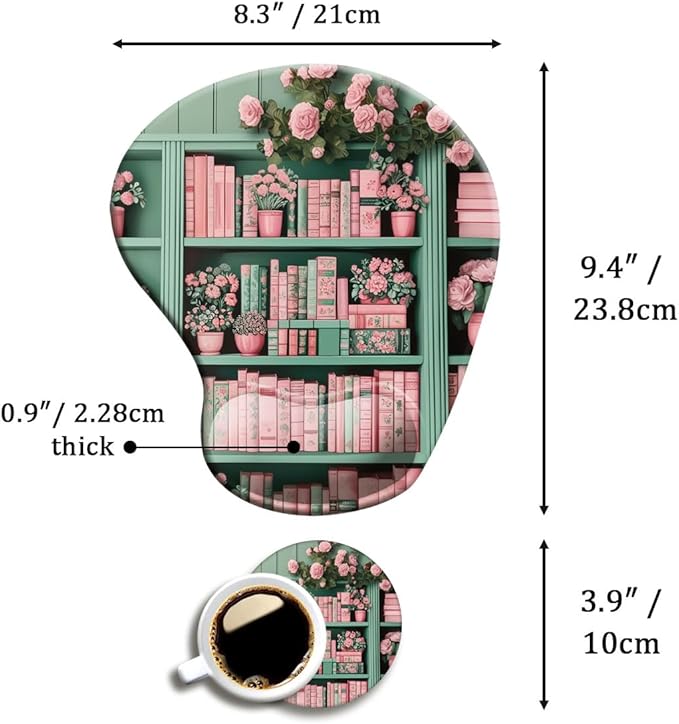 Ergonomic Mouse Pad with Wrist Support,Mouse Pad with Wrist Rest and Coaster Set,Office Supplies Non-Slip Mouse Pads for Desk, Non-Slip Comfortable,Book Floral