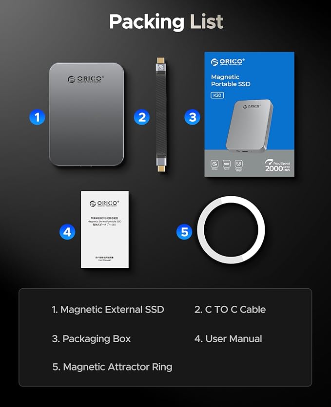 ORICO 1TB Magnetic Portable SSD, Aluminum Alloy, 4K 120 fps ProRes HDR Record and Store, Up to 2000MB/s, External Solid State Drive, Compatible with iPhone 16 Pro Max, Tablet, Computer - K20