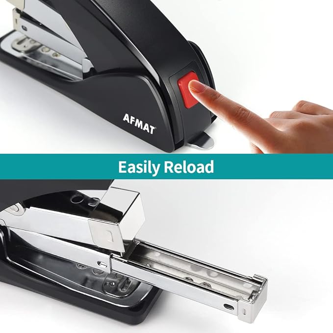 AFMAT ES10 Stapler for Desk, 50 Sheet Effortless Desktop Stapler Staple with One Finger, Portable Ergonomic Handheld Staplers Heavy Duty, Built-in Remover, Space Save Size, Good for Home & Office