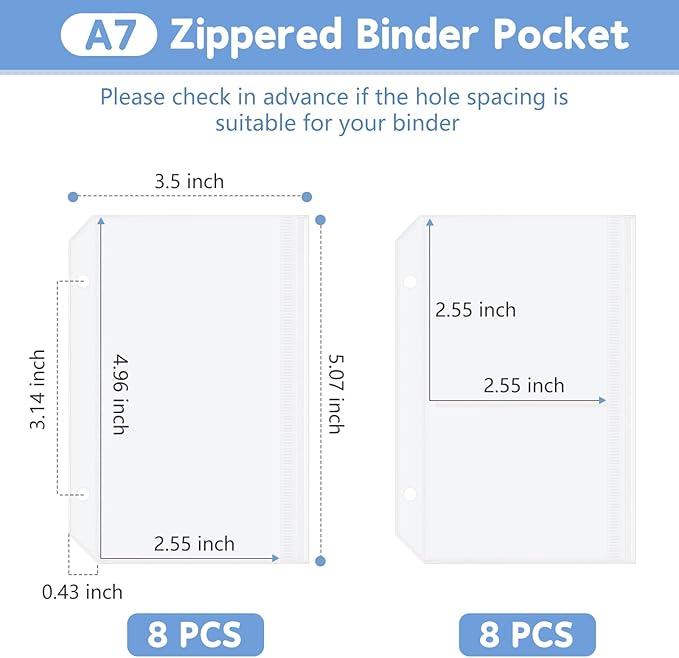 16 Pack Zippered Binder Pocket Sleeves for A7 Binder - Frosted Zipper Pouch Set Photo Card Jewelry Storage Organizer Binder Insert Refill Cash Saving Pages Protector Loose Leaf Bag (2-Hole)