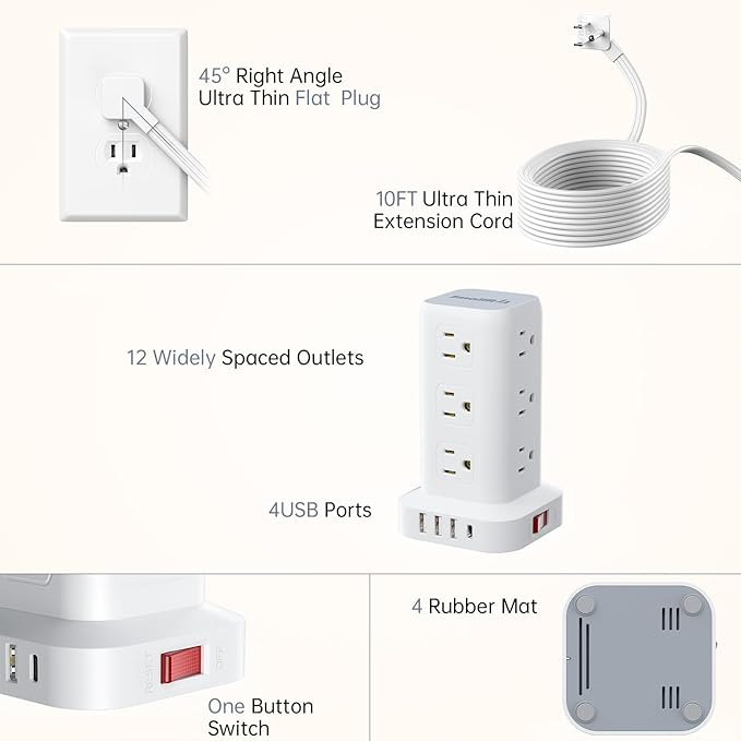 Surge Protector Power Strip Tower with Flat Plug, 10FT Ultra Thin Extension Cord with Multiple Outlets (1 USB-C), 1020J Protection，Desk Charging Station for Office, Dorm Room Essentials