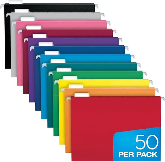 Pendaflex Colored Hanging File Folders Letter Size with 1/5 Cut Adjustable Tabs, 8.5 X 11-50 Pack of 12 Assorted Colors