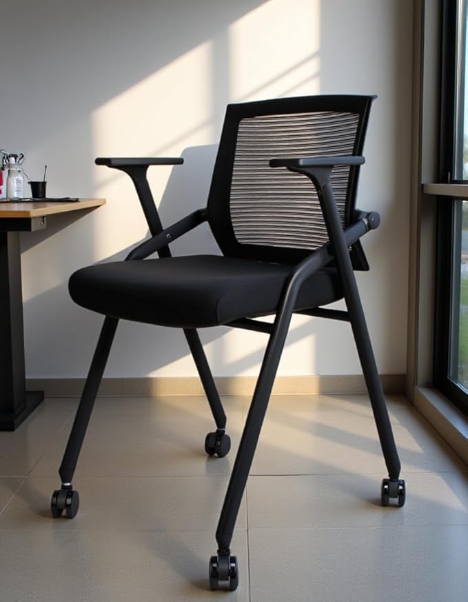 2 Pack Stackable Conference Room Chairs with Paddle Folding Office Foldable Desk Chair Mesh Back and Arms for Conference Meeting Guest Reception Home Office Training Room Chair Black