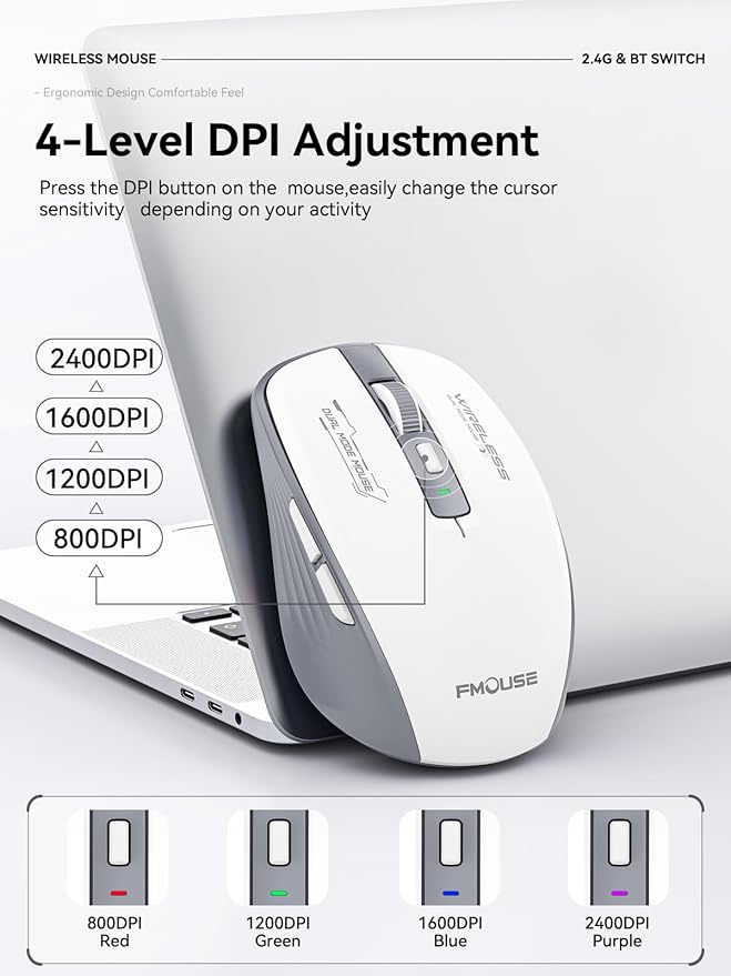 Wireless Mouse (Bluetooth & 2.4GHz USB) with Forward/Backward Side Keys, Silent Click, Ergonomic Portable AA Battery Mice for Laptop/Mac/iPad - Office & Travel Use, White & Grey