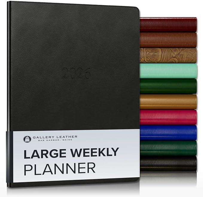 Gallery Leather Large Weekly Monthly Planner 2025-2026, Elegantly Bound Calendar Planner and Notebook with Stylish Gold-Gilded Page Edges, 12 Months - Monhegan Black - 9.75 x 7.5 "