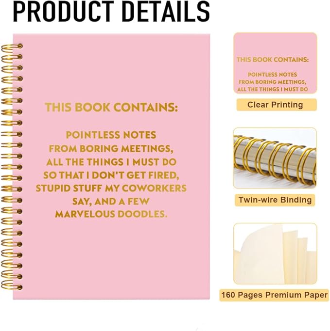 Pointless Notes from Boring Meetings Funny Pink Golden Spiral Notebook, Humorous Office Gifts, Gag Gifts for Coworkers, Funny Office Sarcastic Gifts for Coworkers,Team Members, Employees
