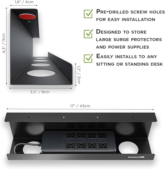 Under Desk Cable Management Tray - No Drill Organizer for Glass Desk. Perfect Standing Cable Management Rack (Black Wire Tray - Single 17'')
