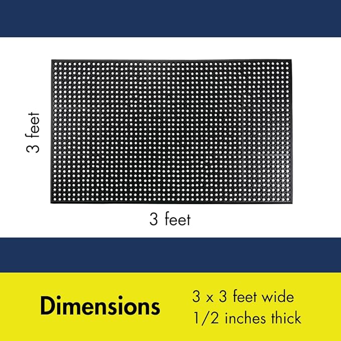 NoTrax 3' x 3' Anti-Fatigue Lightweight Restaurant Rubber Floor Mat with Drainage Holes, Beveled Edges, Non-Slip Mats, Black, T30 Competitor, T30S0033BL