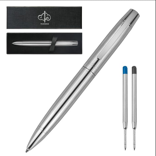YUNCHUN Executive Pens for Men, Medium Point Ball Point Pen Sets for Men Gift, Heavy Duty Ball Pen for Writing, Retractable Metal Ballpoint Pen for Journaling, Ballpoint Pens Blue Ink with Pure Silver
