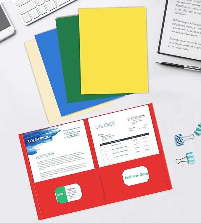 Two Pocket Folder, HERKKA 100 Pack 2 Pocket Folders, Letter Size Paper Folders Designed for Office and Classroom Use, Assorted 5 Colors