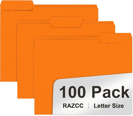 File Folder, RAZCC 100 Pack 1/3 Cut Tab File Folders Letter Size, Orange, Folders with Tab, Great for Organizing and Easy File Storage