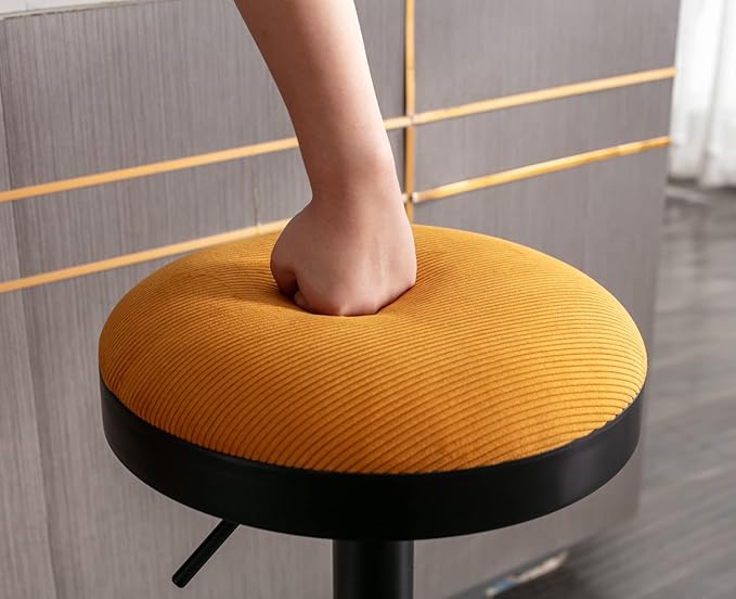 Round Swivel Counter Height Bar Stools Set of 3 Modern Adjustable Barstools Backless Corduroy Bar Chairs Industrial Island Chairs with Metal Base/Footrest for Kitchen Island/Pub/Bar, Yellow