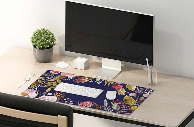 SSOIU Floral Wreath Mouse Pad 35.5 X 15.7 Inch XXL Romantic Flowers Full Desk Mousepad Extended Large Non-Slip Rubber Base Waterproof Big Keyboard Mat with Stitched Edges for Gaming and Office