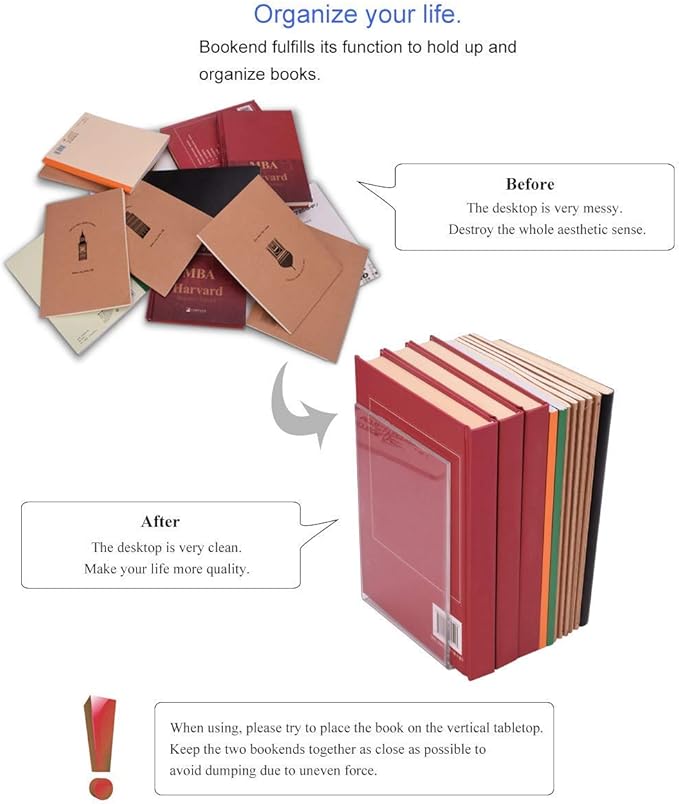 MerryNine MerryNine Acrylic Book Ends 6pcs for Shelves, Clear Bookends for Shelves, Books end Organizer, Book Holder Stand Decorative, Book Stoppers for Heavy Duty Books (Plastic Acrylic_3 Pairs)