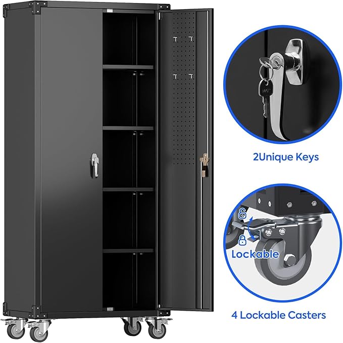 Aobabo Black Metal Garage Cabinet with Pegboard,72In Lockable Storage Cabinets with 2 Doors&4 Adjustable Shelves, Steel Cabinets for Garage&Home Storage,Easy-Assembly