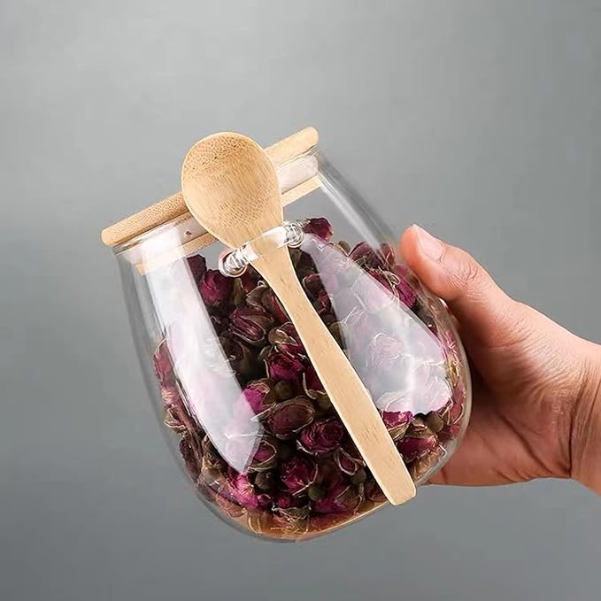 Airtight glass jar storage container with bamboo lid Set of 2, wide mouth, leak-proof, With a spoon, can be used for coffee beans, tea leaves, grains, dried fruits, etc (Middle)