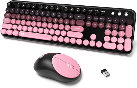Wireless Keyboard and Mouse Combo, 2.4 GHz Wireless Full-Sized Typewriter Keyboard with Round Keycaps for Windows, Computer, Desktop, PC, Laptop (Pink)