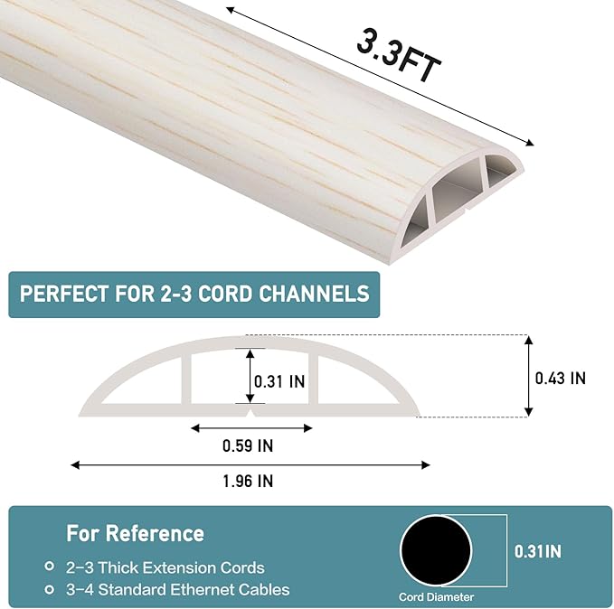 Floor Cord Cover Self Adhesive Cord Hider Floor Extension Cord Covers for Floor Power Cord Protector Cable Management Prevent Cable Trips Cable Cavity 0.59" W x 0.31" H (Beige Wood, 3.3Ft)