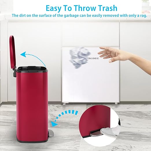 PayLessHere Stainless Steel Trash Can with Lid - Removable Inner Bucket, Foot Pedal, Soft Close for Office, Home, Kitchen (Red, 13 G)