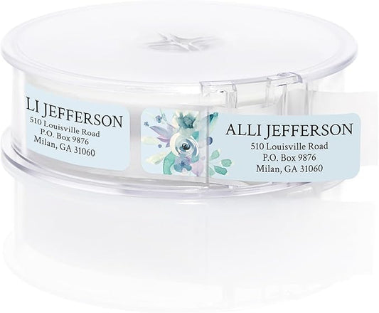 Blue Watercolor Floral Rolled Address Labels / 500 Personalized Return Address Labels/Designer Address Stickers in Elegant Plastic Dispenser