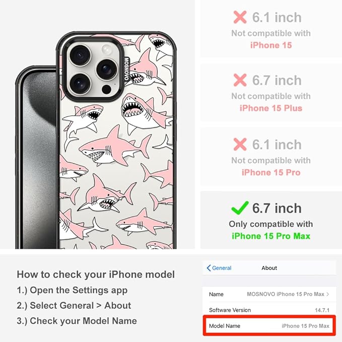 MOSNOVO Case for iPhone 15 Pro Max, [10ft 4X Military-Grade Drop Protection] Durable & Shockproof Phone Case Cover Design for iPhone 15 Pro Max - Pink Sharks - Clear Black