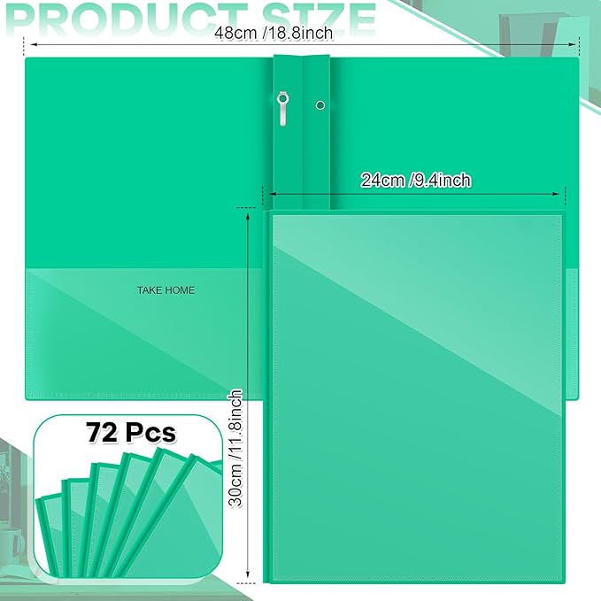 Henoyso 72 Pcs Plastic Folders with Clear Front Pocket and 3 Prong Take Home Plastic 2 Pocket Folder Back to School for Students Parent Teacher Communication for School Office (Green)