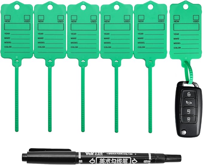 50 Car Key Tags with Labels Plastic Car Dealership Key Tags Self Locking Automotive Identifiers Blank Shop Labels with One Pen (Green)