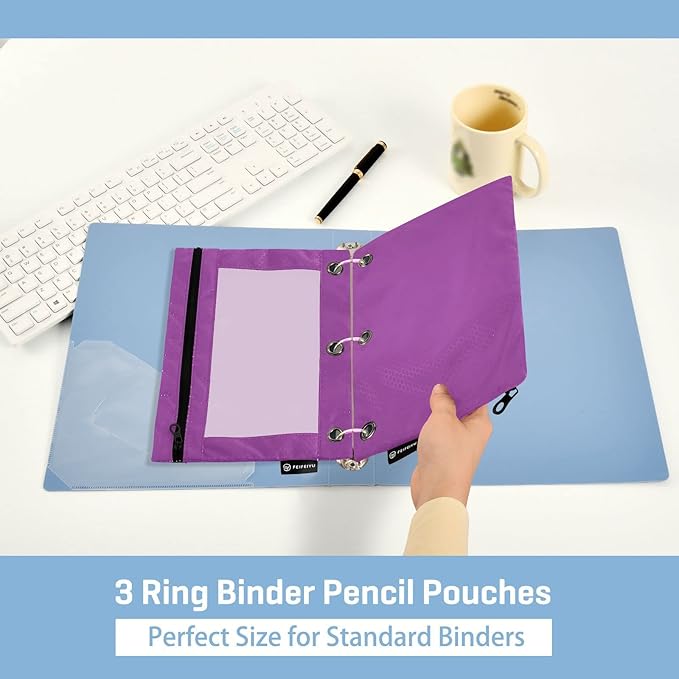 Gredecor Binder Pencil Pouch 3 Ring Purple Zipper Pencil Pouches Case 2 Pack Clear Window Binder Organizer for School Office