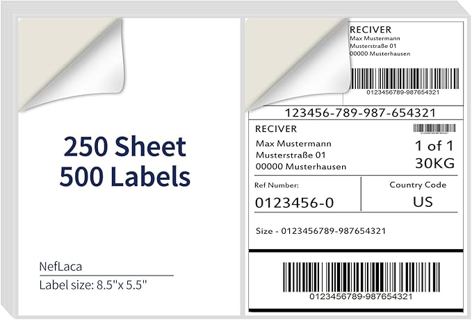 8.5" x 5.5" Half Page Self Adhesive Shipping Label, Compatible Laser & Inkjet Printers, White, 2 Labels Per Sheet(250 Sheet Total 500 Labels)
