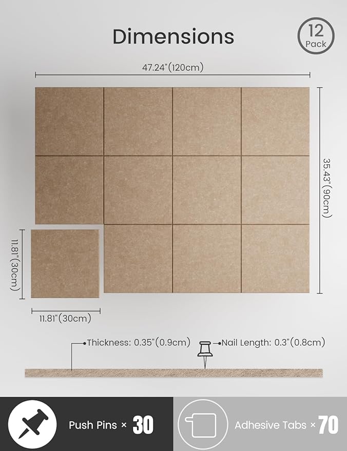 Bumusty Large Cork Board 47"x35" Alternative - 12 Pack Felt Wall Tiles with 70 Safe Removable Adhesive Tabs, 30 Pushpins, Cork Boards for Walls Pin Board Tack Board Cork Board (Dark Camel)