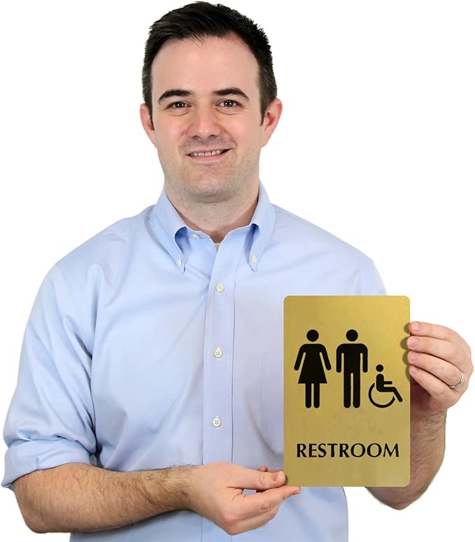 SmartSign 6 x 9 inch Unisex Restroom Sign with Men/Women/Handicap Accessible Wheelchair Pictograms, 40 mil Brass Metal, Engraved, Door/Wall Mount Bathroom Sign, Gold and Black