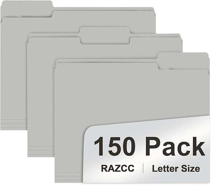 File Folder, RAZCC 150 Pack 1/3 Cut Tab File Folders Letter Size, Grey, Folders with Tab, Great for Organizing and Easy File Storage