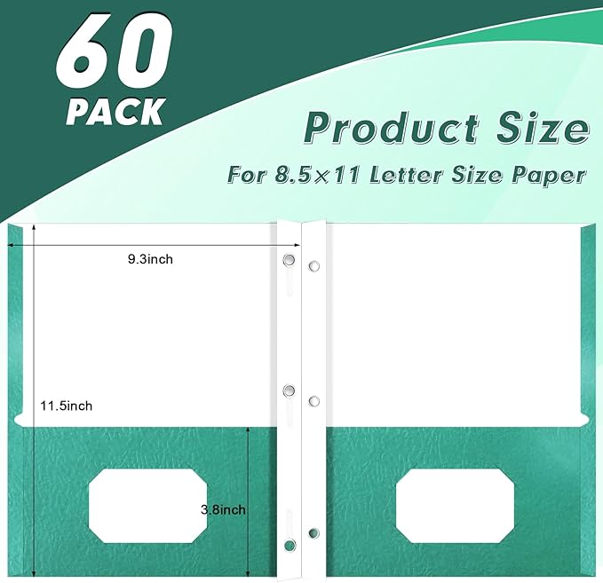 Two Pocket Folders, PANDRI 60 Pack Two Pocket Folders with Prongs, 2 Pocket 3 Prong Folders Designed for Office and Classroom, Letter Size, Assorted 5 Colors