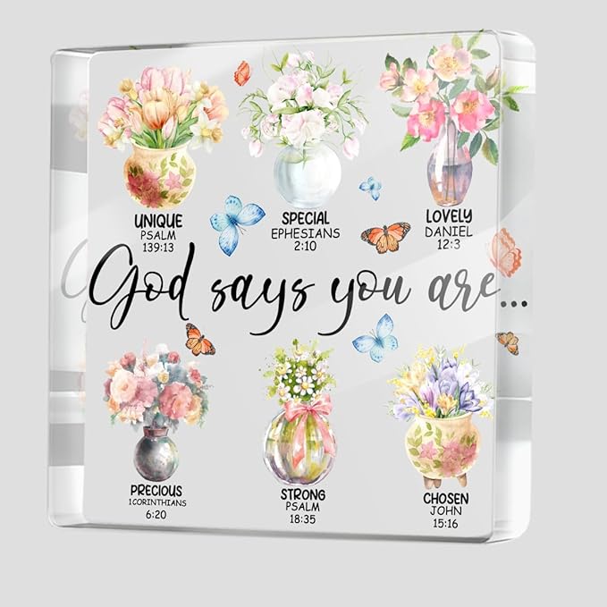 Inspirational Gifts for Women, God Says You Are, Flower Bible Verse Acrylic Sign, Bible Verse Christian Gifts, Positive Affirmation Desk Decorative Signs for Home Office Women Girsl Bedroom Decor