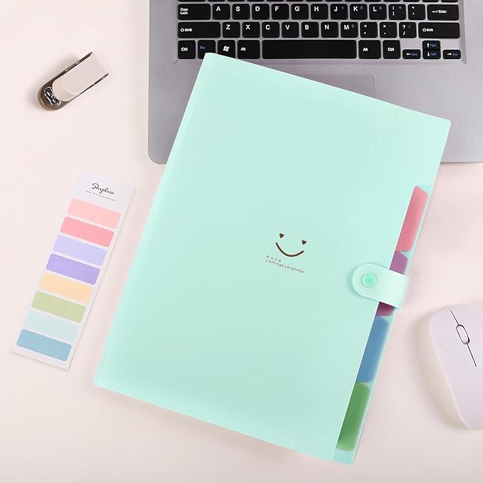 SKYDUE Expanding File Folder with 5 Pockets, Cute Accordion File Organizer, Letter Size Filing Folder, Portable Paper Receipt Organizer, School Office Supplies Green