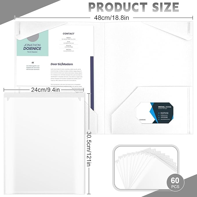 Henoyso 60 Pcs Plastic Folders with Clear Front Pockets Heavy Duty File Folders with 2 Pockets and Card Slot for Student Communication School Office Presentation Report (White)